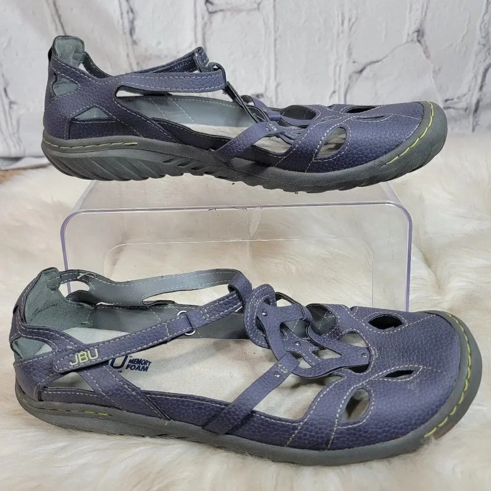 JBU Jambu Sydney Blue Vegan Leather‎ T-Strap Flat Closed Toe Sandals Womens 10